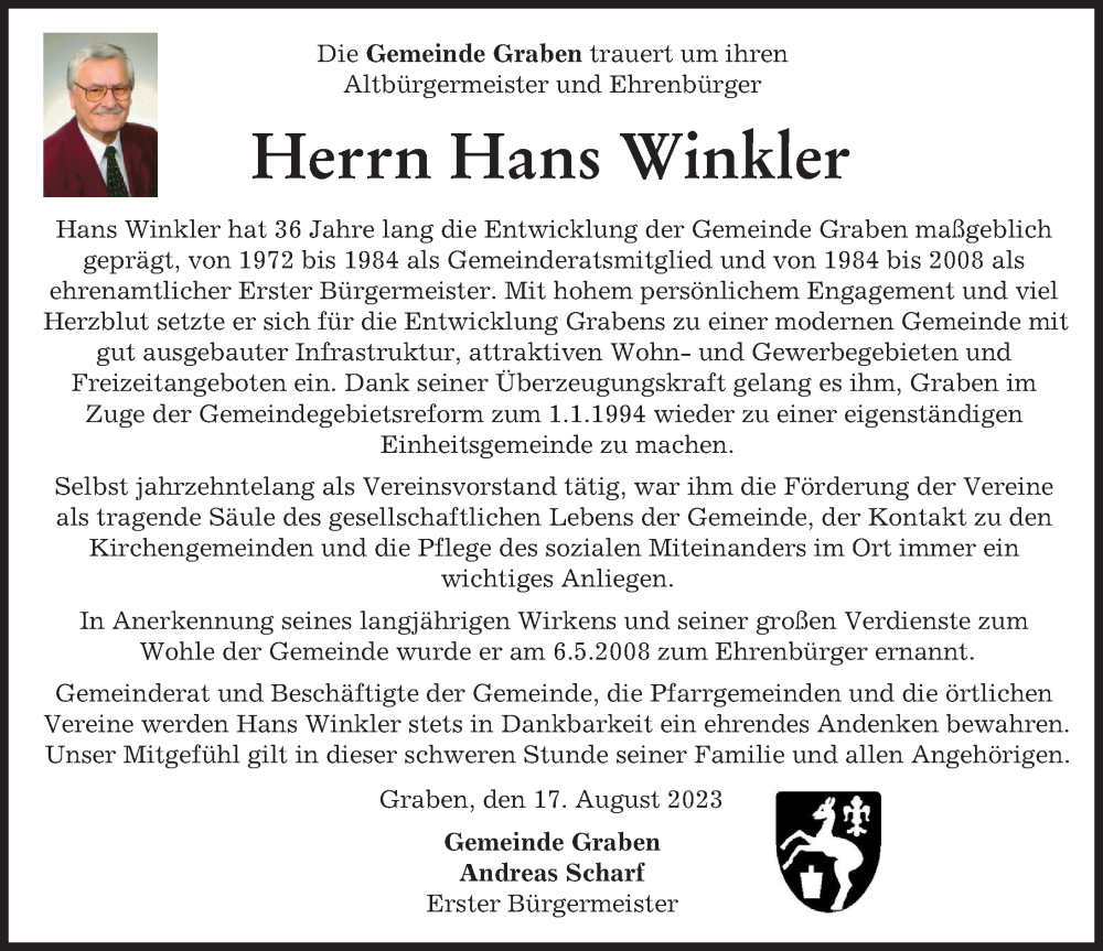  Traueranzeige für Hans Winkler vom 17.08.2023 aus Schwabmünchner Allgemeine