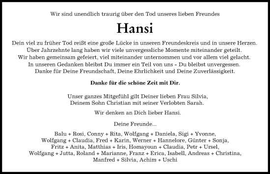 Traueranzeige von Hansi  von Augsburger Allgemeine