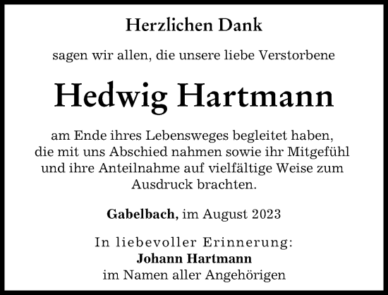 Traueranzeige von Hedwig Hartmann von Augsburg-Land