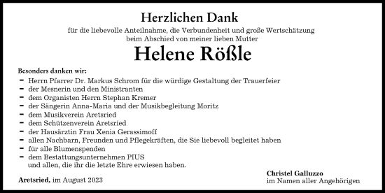 Traueranzeige von Helene Rößle von Augsburger Allgemeine