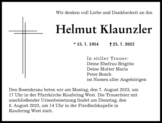 Traueranzeige von Helmut Klaunzler von Landsberger Tagblatt
