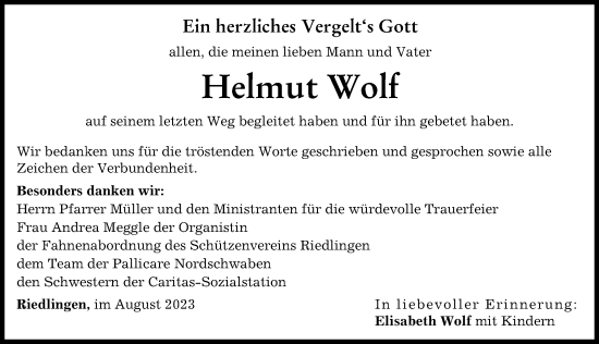 Traueranzeige von Helmut Wolf von Donauwörther Zeitung