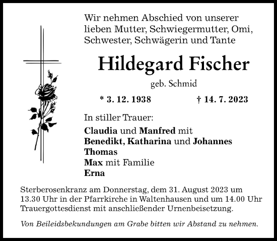 Traueranzeige von Hildegard Fischer von Mittelschwäbische Nachrichten