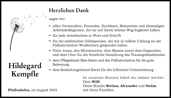 Traueranzeige von Hildegard Kempfle von Neu-Ulmer Zeitung