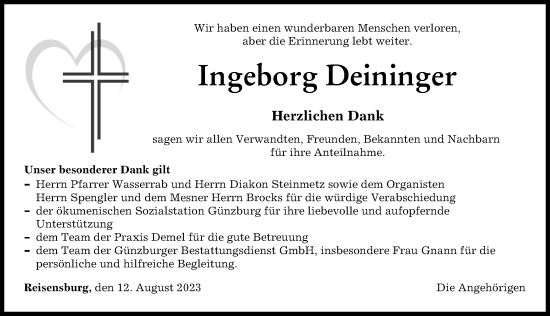 Traueranzeige von Ingeborg Deininger von Günzburger Zeitung