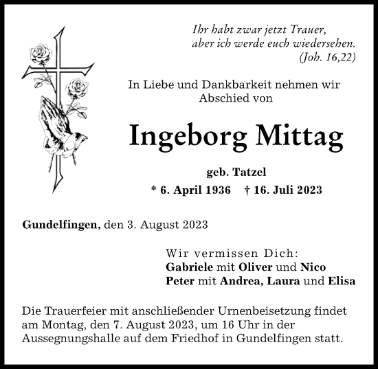 Traueranzeige von Ingeborg Mittag von Donau Zeitung
