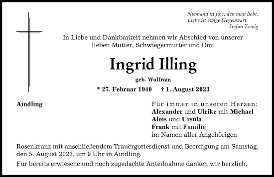 Traueranzeige von Ingrid Illing von Aichacher Nachrichten