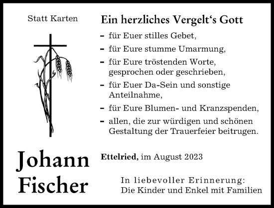 Traueranzeige von Johann Fischer von Mittelschwäbische Nachrichten, Augsburg-Land
