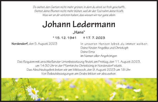 Traueranzeige von Johann Ledermann von Augsburger Allgemeine