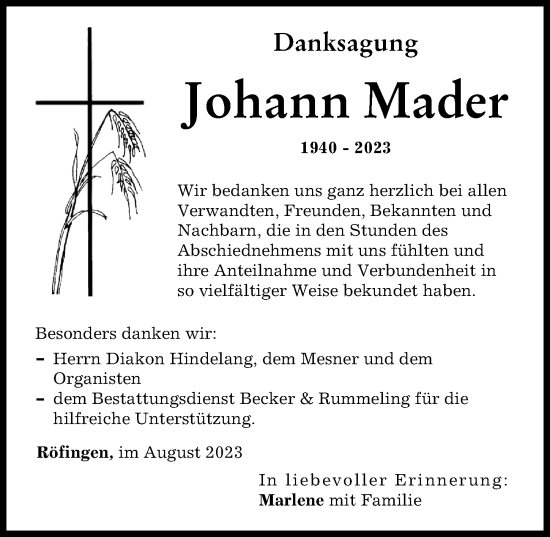 Traueranzeige von Johann Mader von Günzburger Zeitung