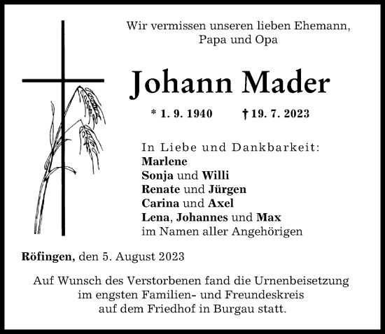 Traueranzeige von Johann Mader von Günzburger Zeitung