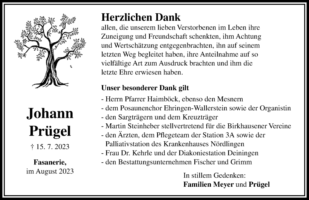  Traueranzeige für Johann Prügel vom 04.08.2023 aus Rieser Nachrichten