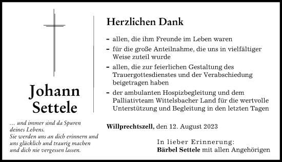 Traueranzeige von Johann Settele von Friedberger Allgemeine, Aichacher Nachrichten