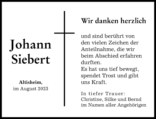 Traueranzeige von Johann Siebert von Donauwörther Zeitung