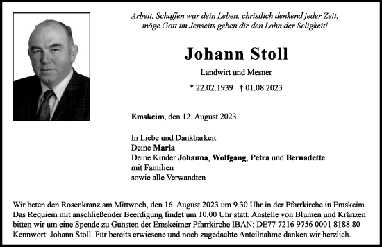 Traueranzeige von Johann Stoll von Neuburger Rundschau
