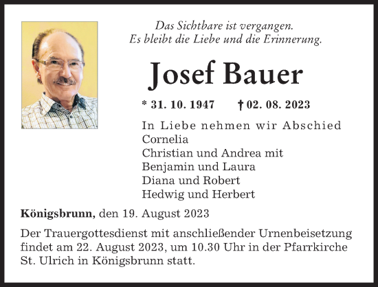 Traueranzeige von Josef Bauer von Augsburger Allgemeine