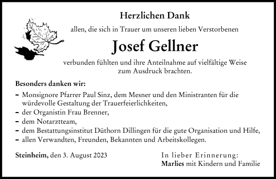Traueranzeige von Josef Gellner von Donau Zeitung