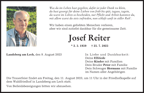 Traueranzeige von Josef Reiter von Landsberger Tagblatt