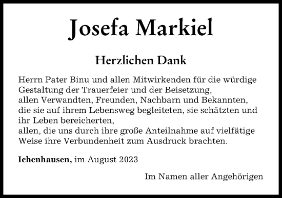 Traueranzeige von Josefa Markiel von Günzburger Zeitung