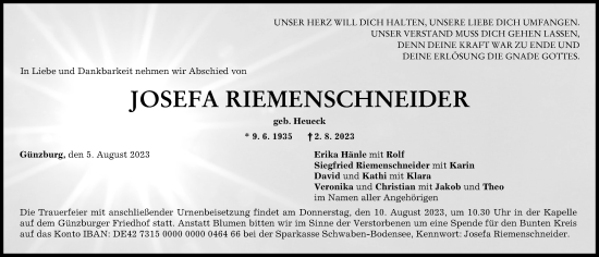 Traueranzeige von Josefa Riemenschneider von Günzburger Zeitung