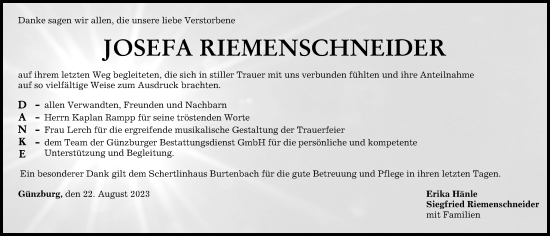 Traueranzeige von Josefa Riemenschneider von Günzburger Zeitung