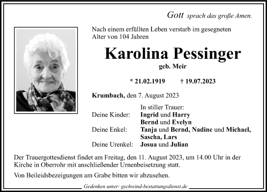 Traueranzeige von Karolina Pessinger von Mittelschwäbische Nachrichten