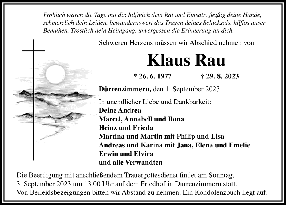  Traueranzeige für Klaus Rau vom 01.09.2023 aus Rieser Nachrichten