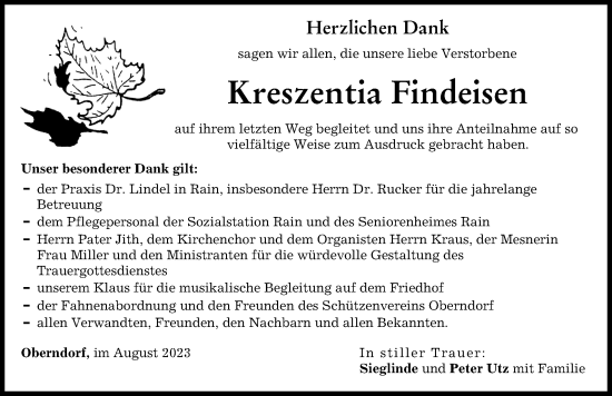 Traueranzeige von Kreszentia Findeisen von Donauwörther Zeitung