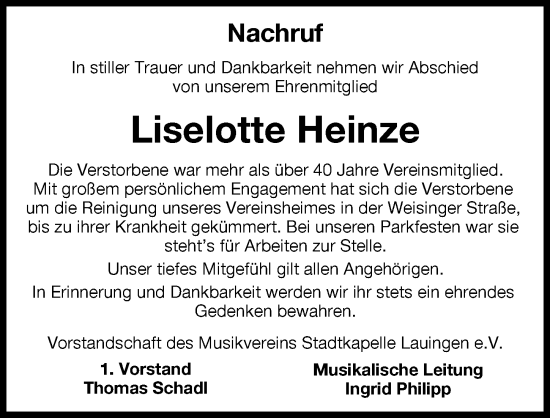 Traueranzeige von Liselotte Heinze von Donau Zeitung