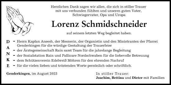 Traueranzeige von Lorenz Schmidschneider von Donauwörther Zeitung