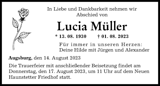 Traueranzeige von Lucia Müller von Augsburger Allgemeine