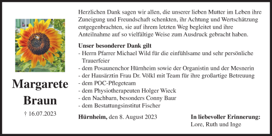 Traueranzeige von Margarete Braun von Rieser Nachrichten