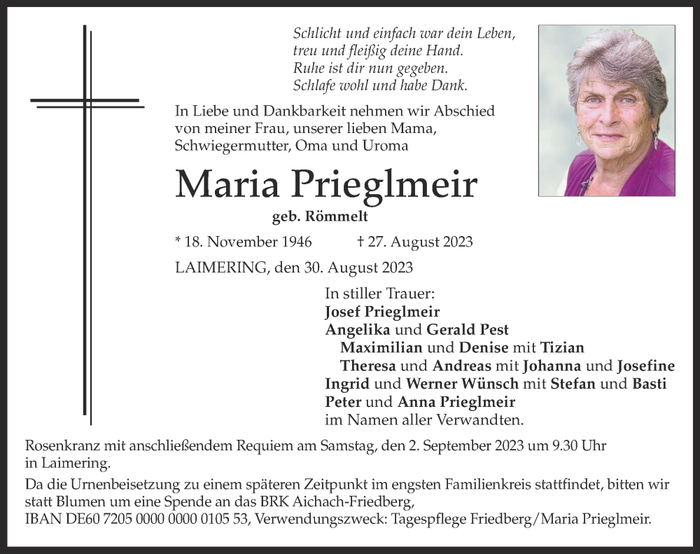  Traueranzeige für Maria Prieglmeir vom 30.08.2023 aus Friedberger Allgemeine