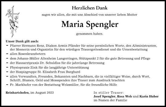 Traueranzeige von Maria Spengler von Schwabmünchner Allgemeine