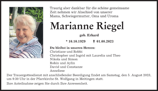 Traueranzeige von Marianne Riegel von Augsburg-Land
