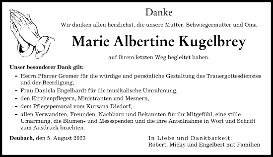 Traueranzeige von Marie Albertine Kugelbrey von Augsburg-Land