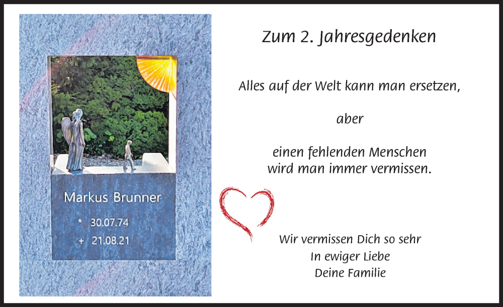  Traueranzeige für Markus Brunner vom 19.08.2023 aus Augsburger Allgemeine