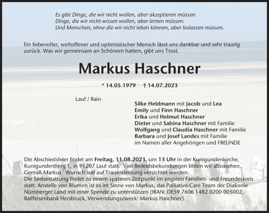 Traueranzeige von Markus Haschner von Donauwörther Zeitung