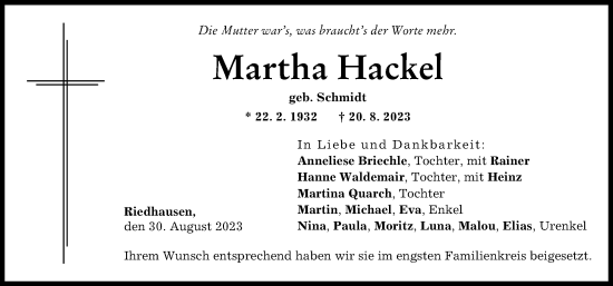 Traueranzeige von Martha Hackel von Günzburger Zeitung