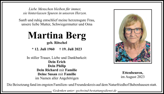 Traueranzeige von Martina Berg von Günzburger Zeitung