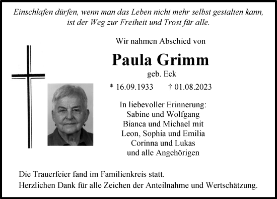 Traueranzeige von Paula Grimm von Illertisser Zeitung