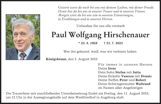 Traueranzeige von Paul Wolfgang Hirschenauer von Augsburger Allgemeine