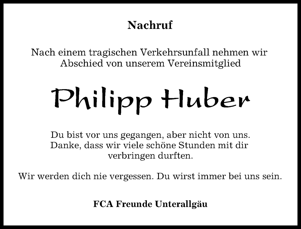  Traueranzeige für Philipp Huber vom 29.08.2023 aus Mindelheimer Zeitung