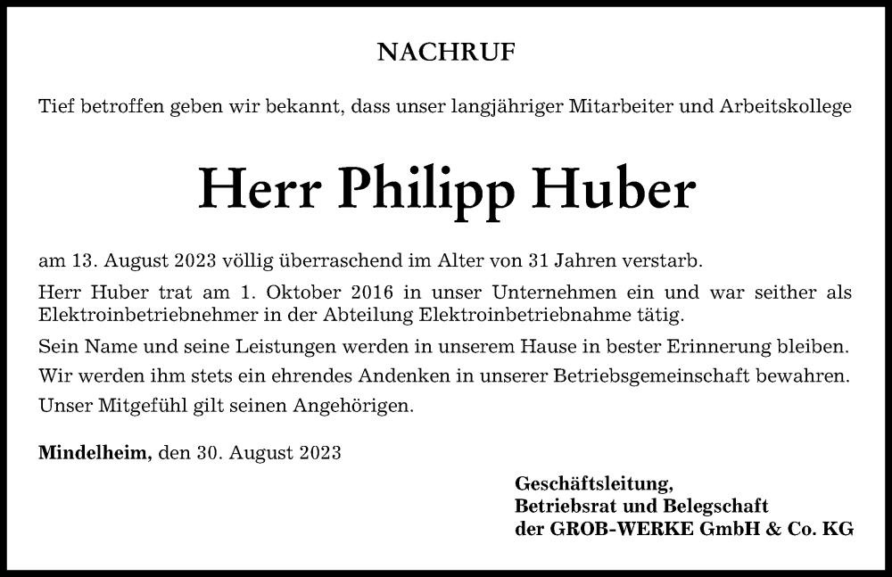  Traueranzeige für Philipp Huber vom 30.08.2023 aus Mindelheimer Zeitung