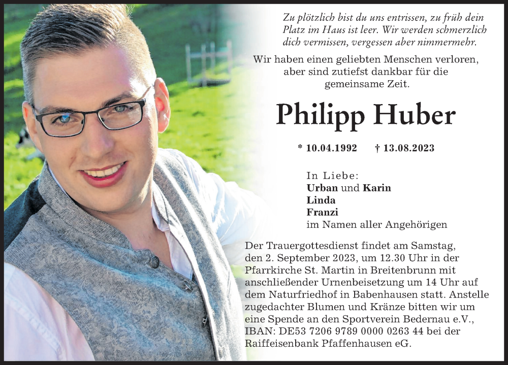  Traueranzeige für Philipp Huber vom 29.08.2023 aus Mindelheimer Zeitung