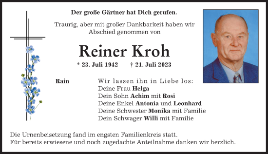 Traueranzeige von Reiner Kroh von Donauwörther Zeitung