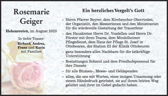 Traueranzeige von Rosemarie Geiger von Mindelheimer Zeitung
