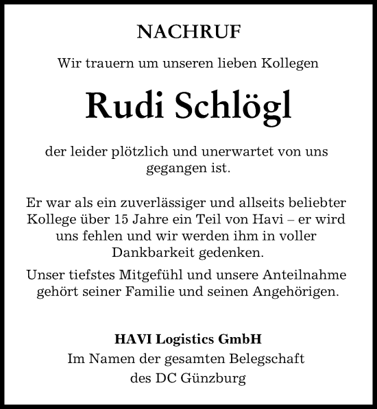 Traueranzeige von Rudi Schlögl von Günzburger Zeitung