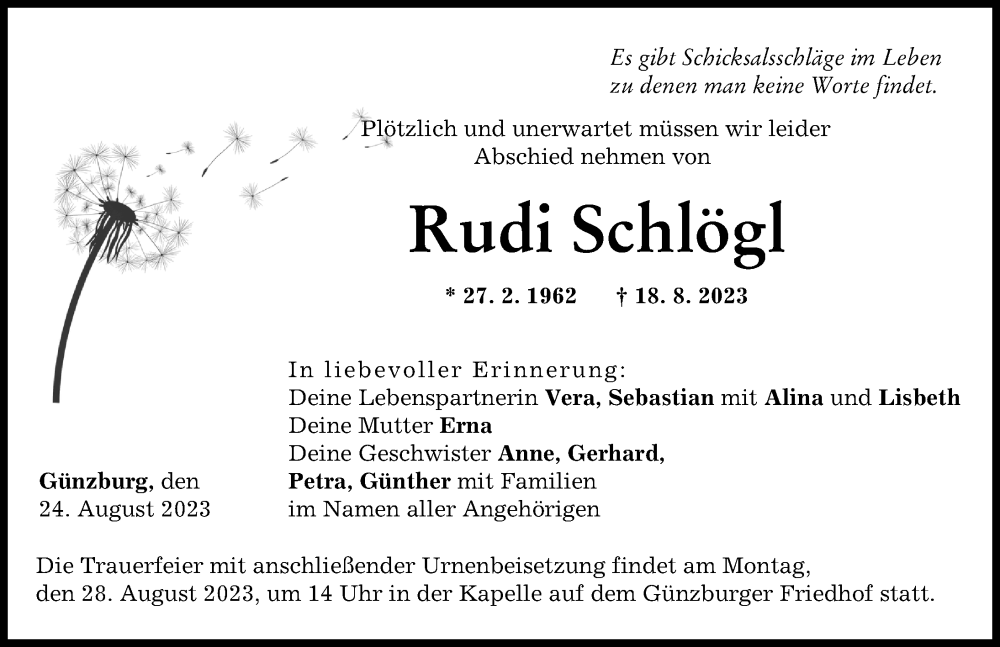  Traueranzeige für Rudi Schlögl vom 24.08.2023 aus Günzburger Zeitung