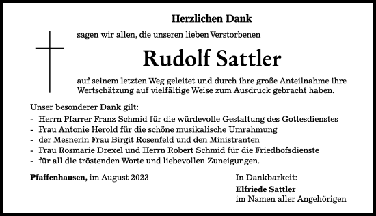 Traueranzeige von Rudolf Sattler von Mindelheimer Zeitung